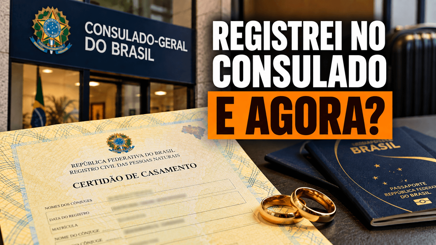 Certidão de casamento brasileira, passaportes e alianças diante de um Consulado do Brasil, representando o traslado do casamento para o Registro Civil brasileiro.