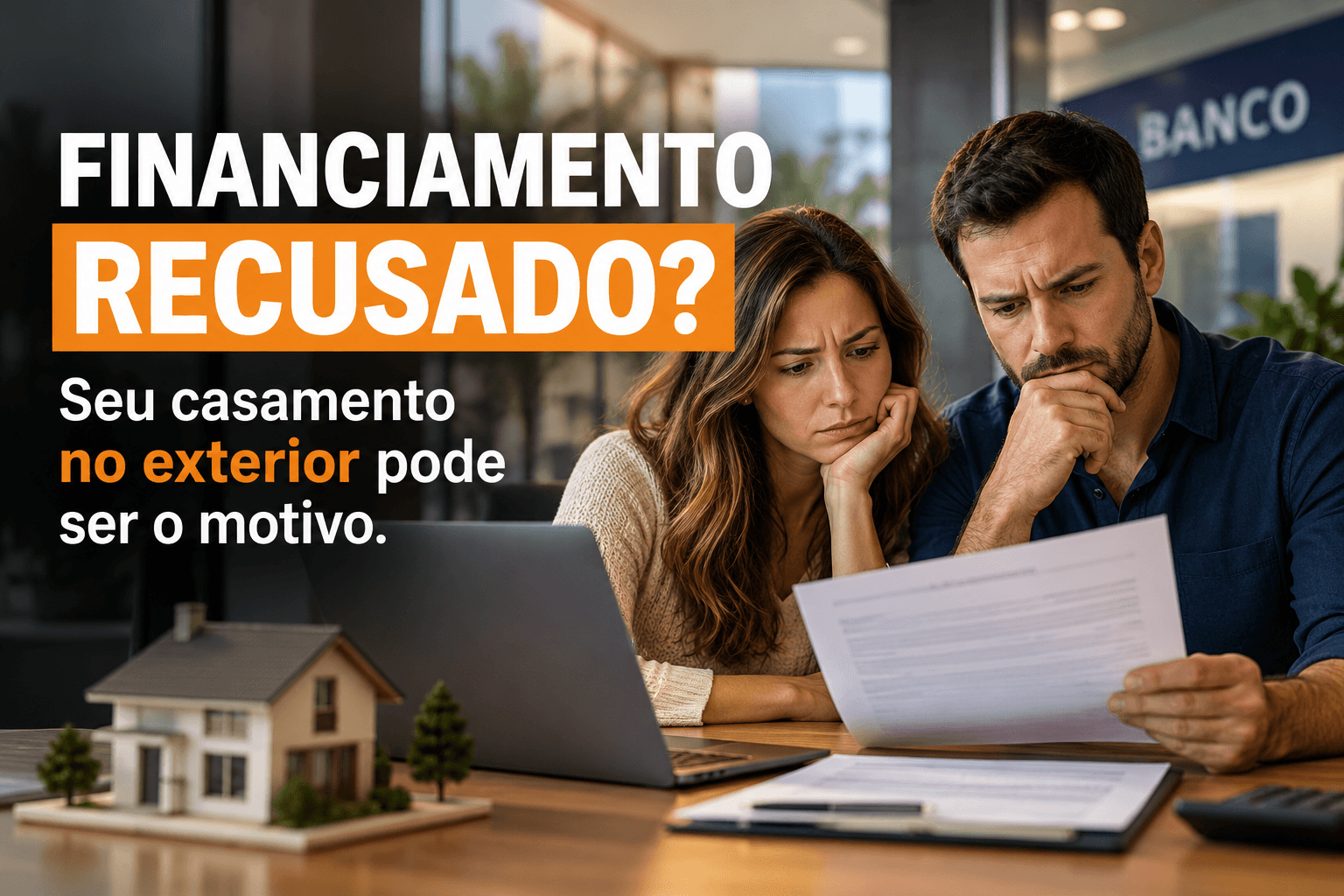 Casal preocupado com documentos de financiamento imobiliário recusado por pendências relacionadas ao casamento realizado no exterior.