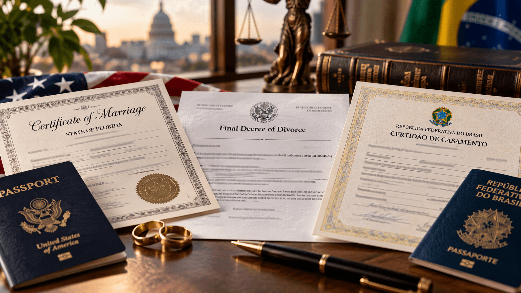 Certidões de casamento e decisão de divórcio representando a regularização de casamento e divórcio realizados no exterior no Brasil.
