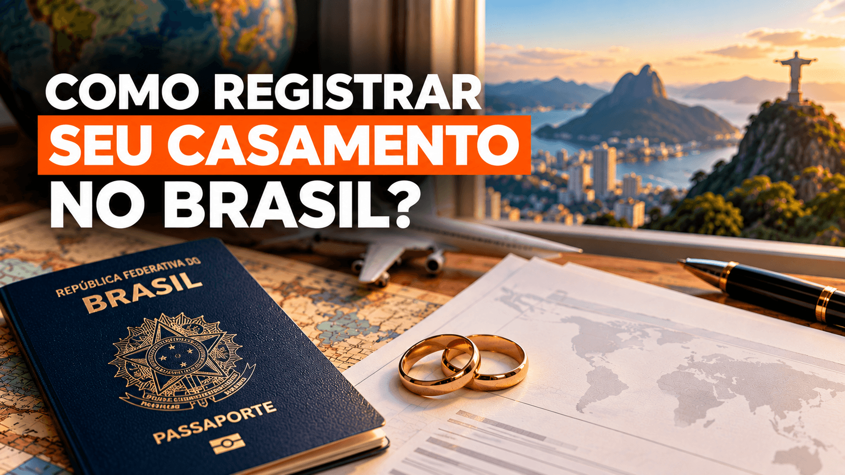 Alianças, passaporte e documentos representando o registro no Brasil de casamento realizado no exterior.