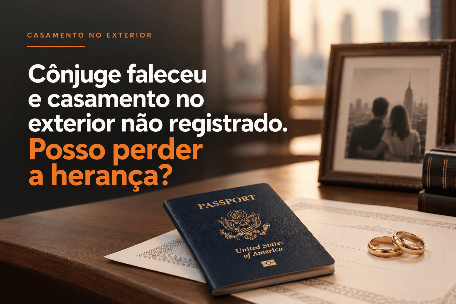 Casamento no exterior não registrado no Brasil e direitos à herança após falecimento do cônjuge, com passaporte, alianças e fotografia do casal.