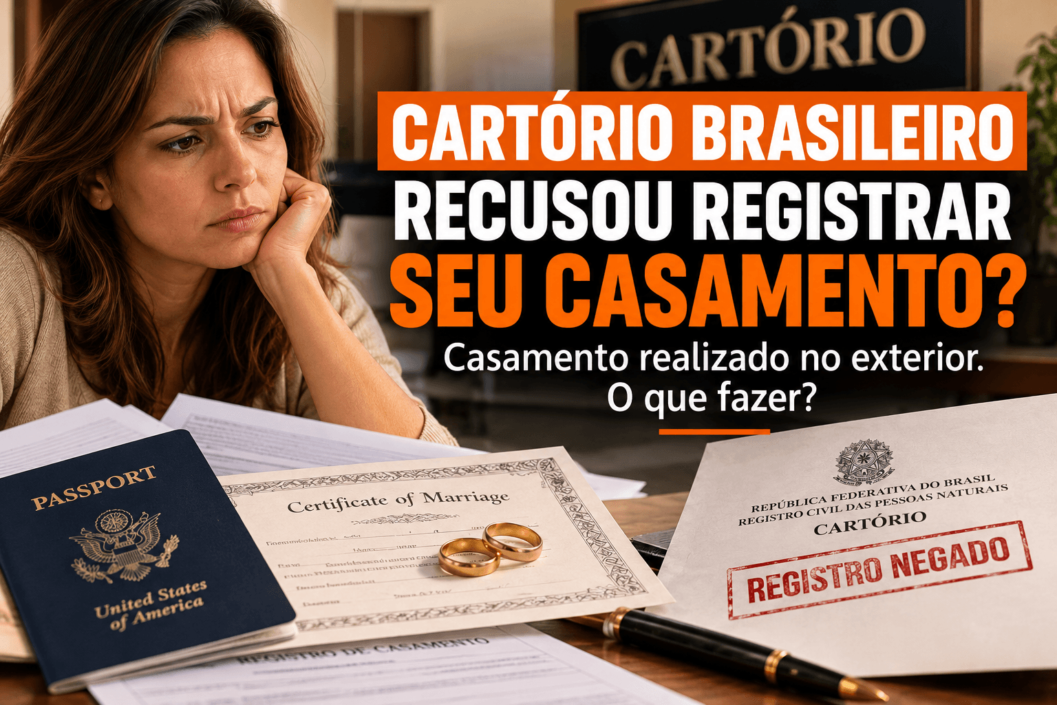Mulher preocupada diante de uma certidão de casamento estrangeira, passaporte e documento com registro negado por cartório brasileiro.